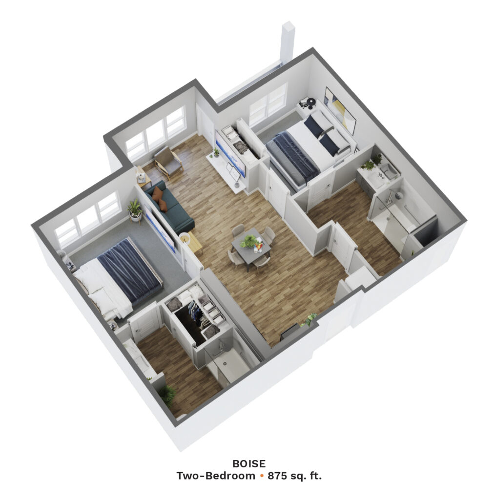 Digital rendering of The Pointe at Meridian Boise Two-Bedroom apartment. 875 sq. ft.