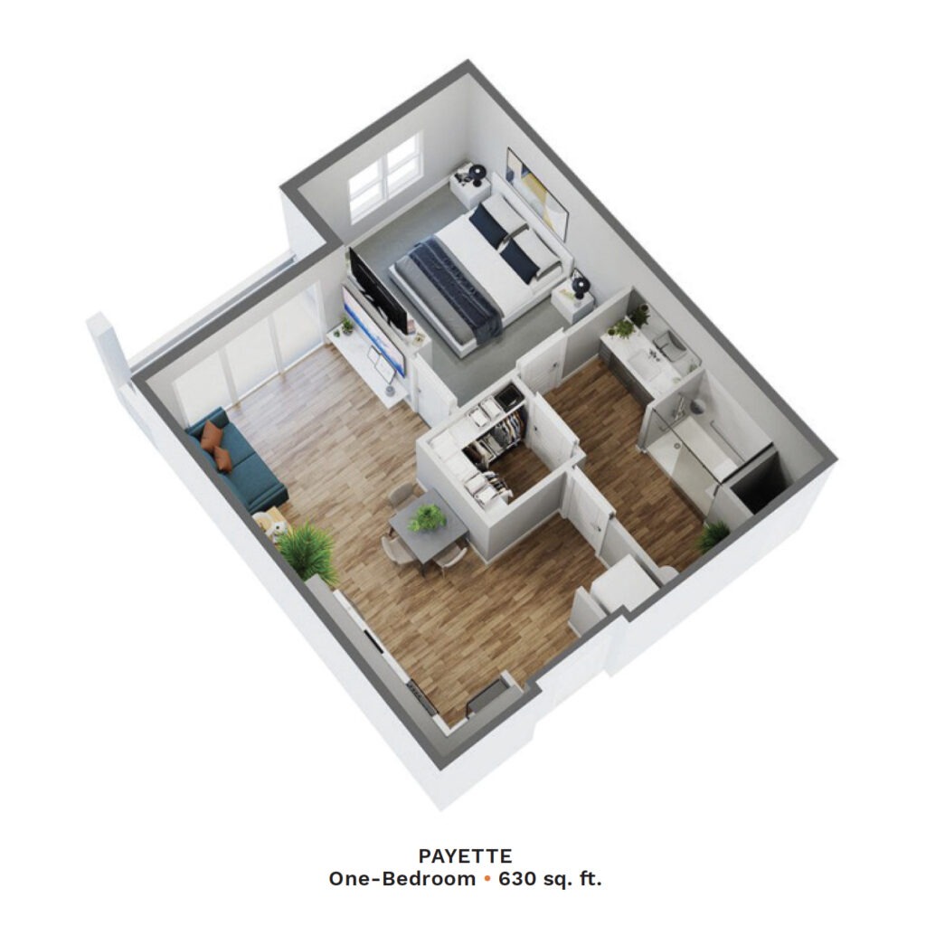 Digital rendering of The Pointe at Meridian Payette One-Bedroom apartment. 630 sq. ft.