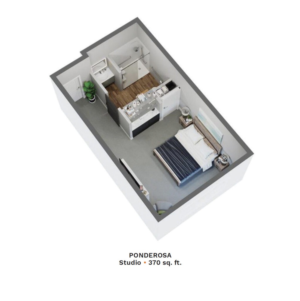 Digital rendering of The Pointe at Meridian Ponderosa Studio apartment. 370 sq. ft.