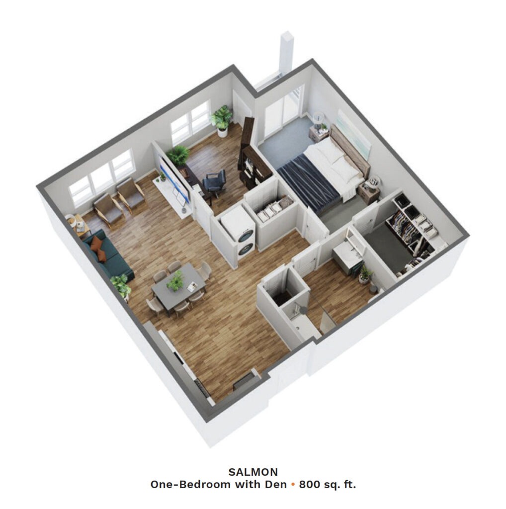 Digital rendering of The Pointe at Meridian Salmon One-Bedroom apartment. 800 sq. ft.